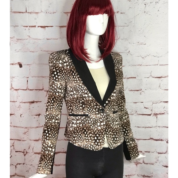BCBGMaxAzria BOWIE Feather XXS Camel Combo Leopard print Tuxedo Blazer Jacket - Picture 10 of 16